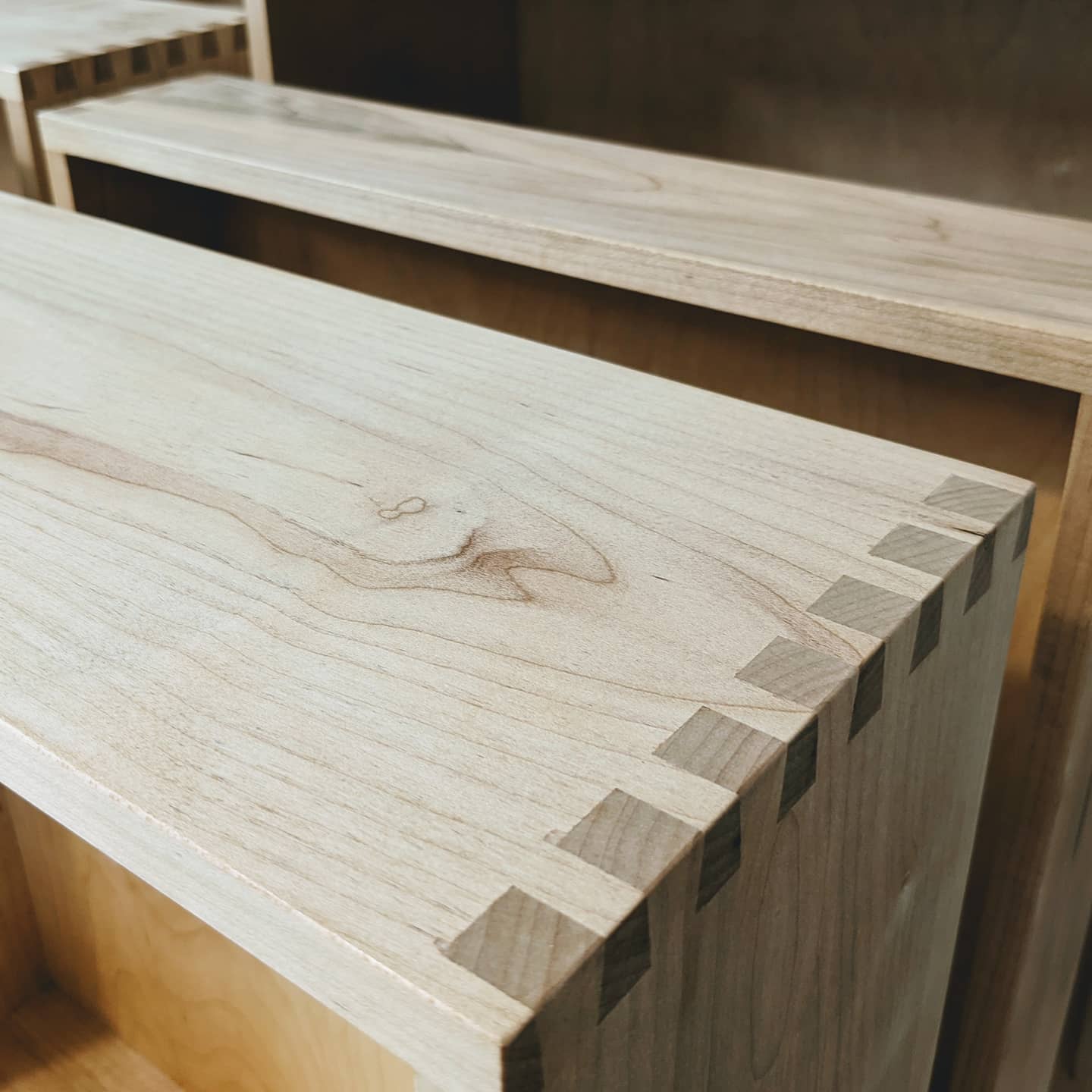 October 29th, 2020: Tonight, we added a second coat of shellac to all the drawer boxes. They're starting to get that classic glossy sheen!